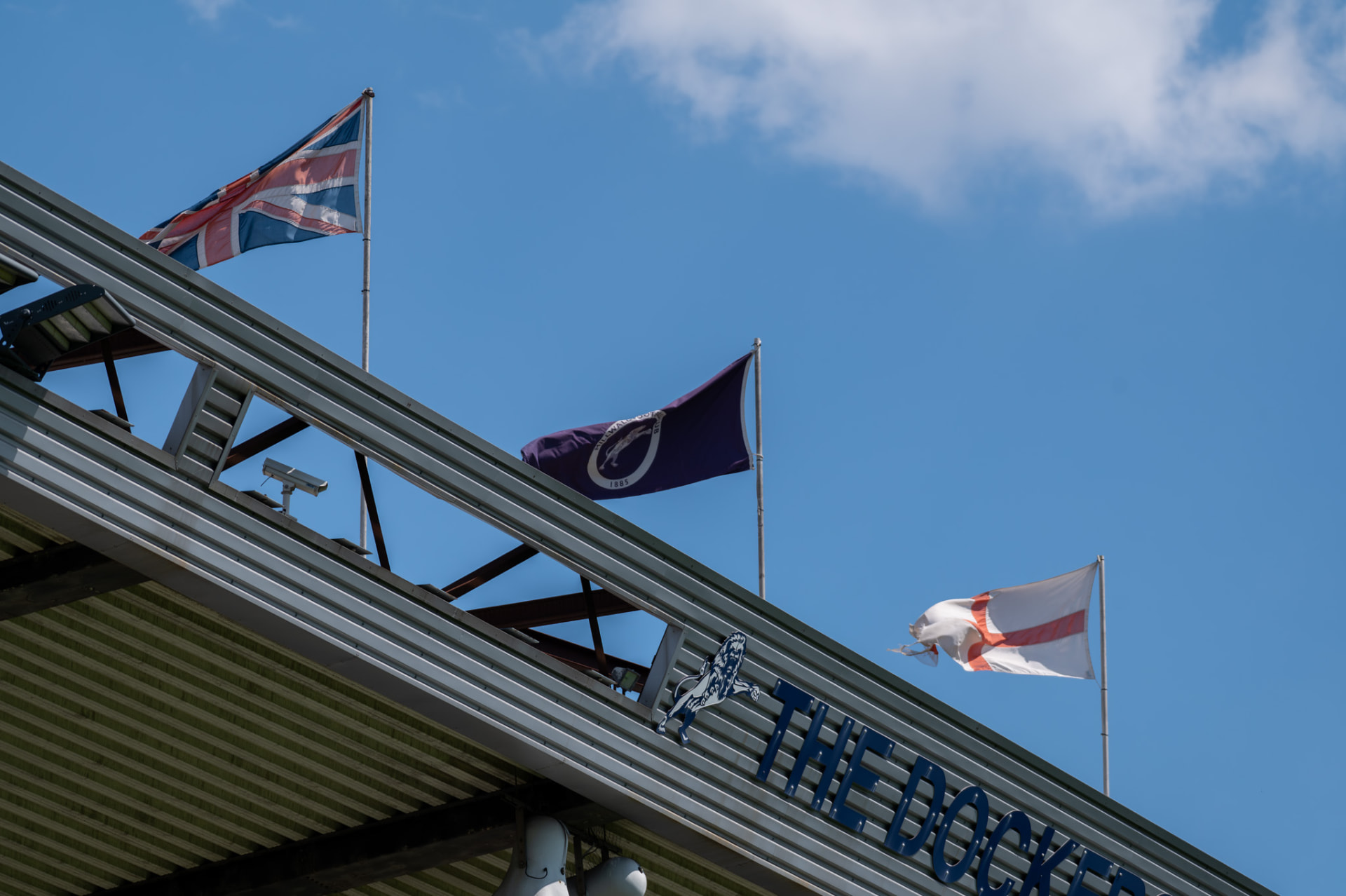Flags flying above the roof of The Den