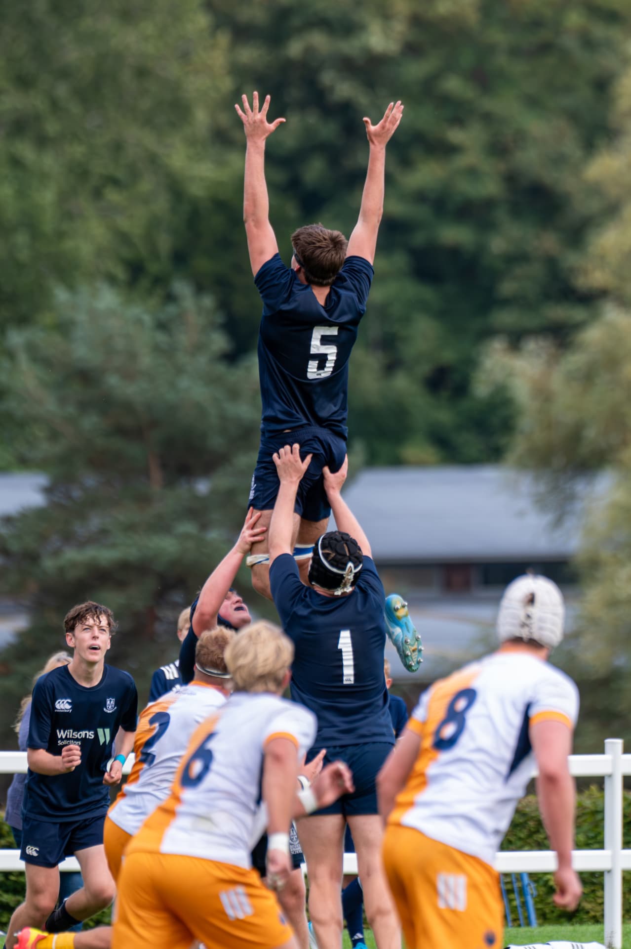 Rugby player lifted high during a lineout