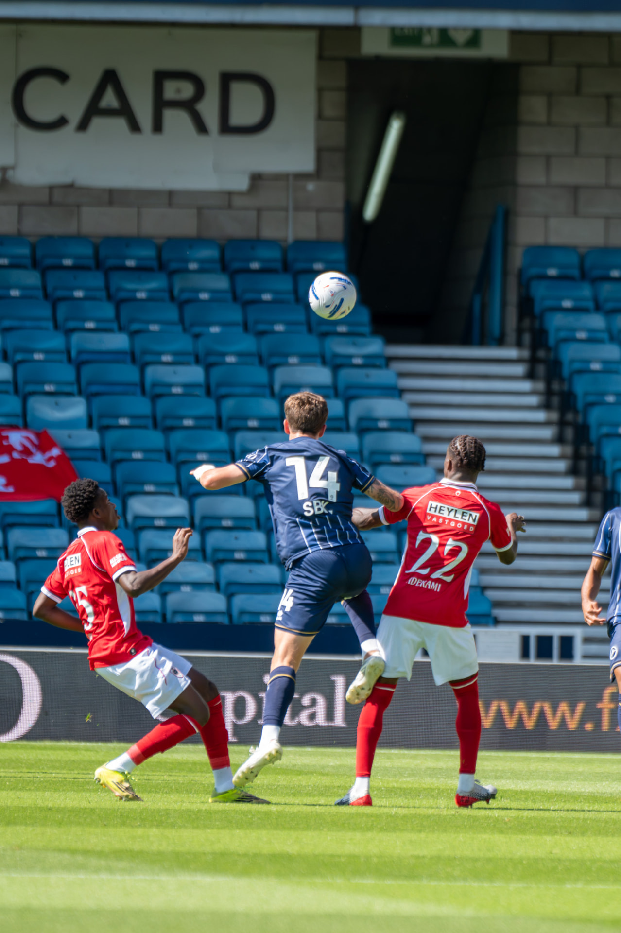 Players competing for a header in mid-air
